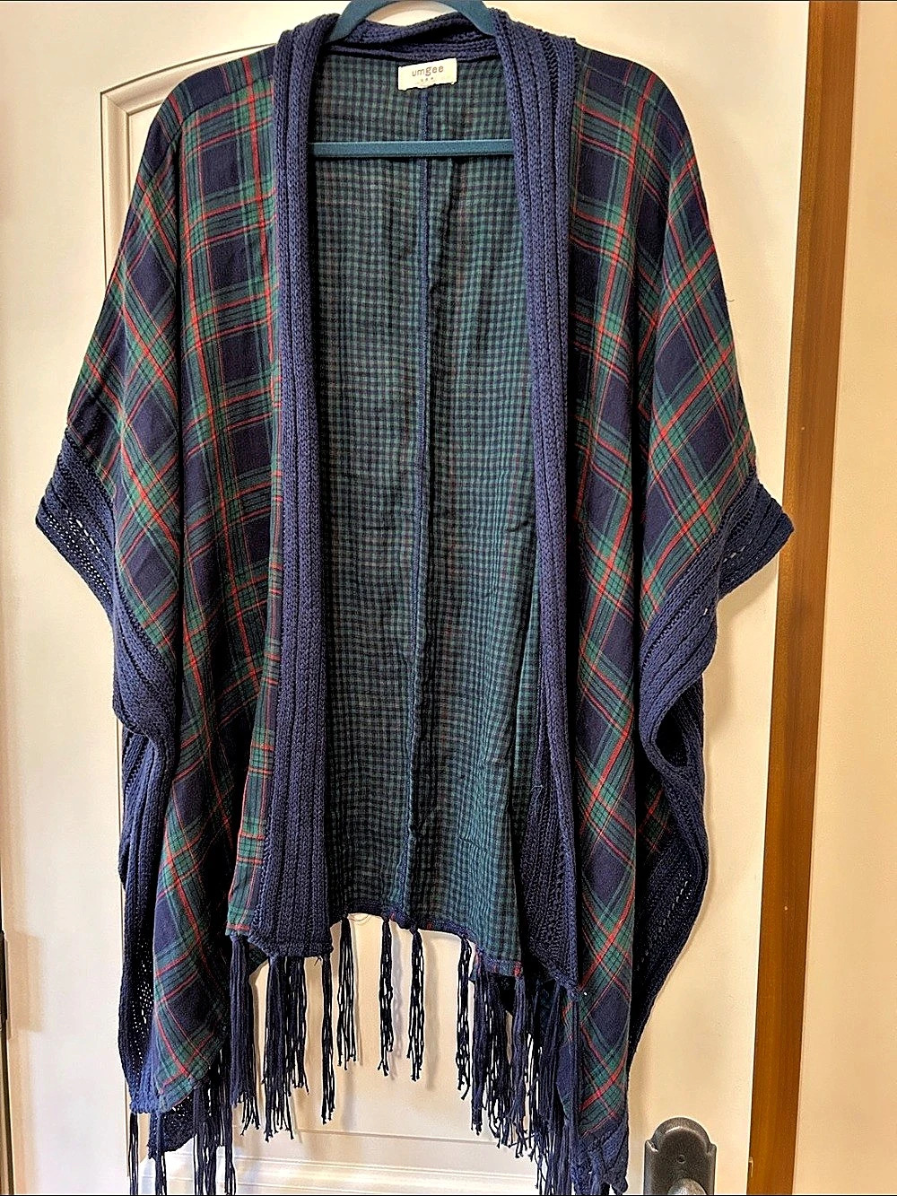 Umgee Plaid Fringe Poncho in Green & Blue Like New